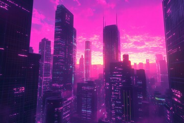 Fototapeta premium Vibrant futuristic cityscape at sunset.