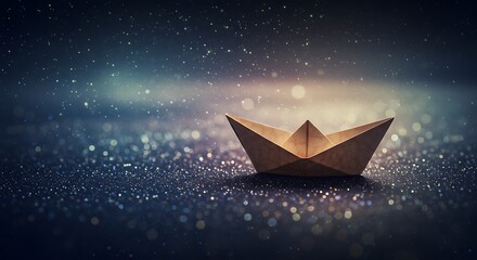 Paper boat floating on a shimmering, starry sea.