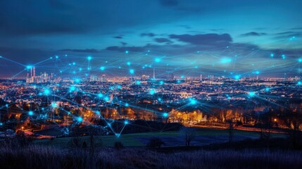 Obraz premium Illuminated cityscape interconnected by digital network lines at night.