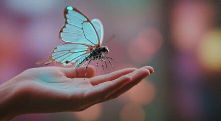 Robotic butterfly rests delicately on an open palm.