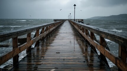 Obraz premium Stormy waters wet pier realistic photography coastal environment perspective view atmospheric concept