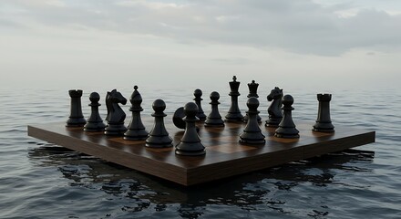 Chessboard floating on the ocean, with black pieces setup.