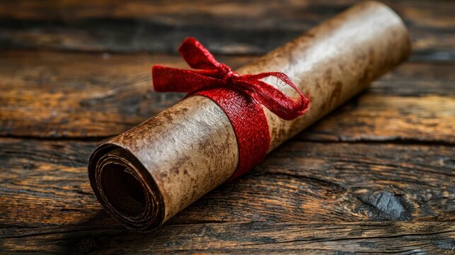 Realistic Vintage Diploma Scroll Tied with Red Ribbon on Rustic Wooden Background
