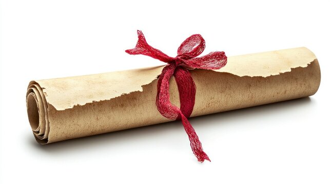 Vintage Scroll Wrapped with Red Ribbon, Realistic Photography of Diploma for Educational Achievements