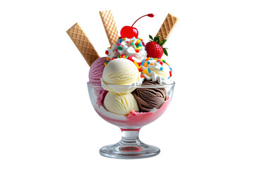Colorful Ice Cream Sundae in Glass Bowl Isolated on White for Sweet Dessert Concepts: Vanilla, Strawberry, Chocolate with Whipped Cream and Cherry Imagery: Ice, Cream, Sundae, Isolated, White, Dessert