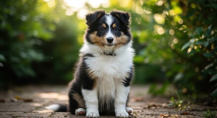 Puppy with black, white, and brown fur sitting on dirt path in forest