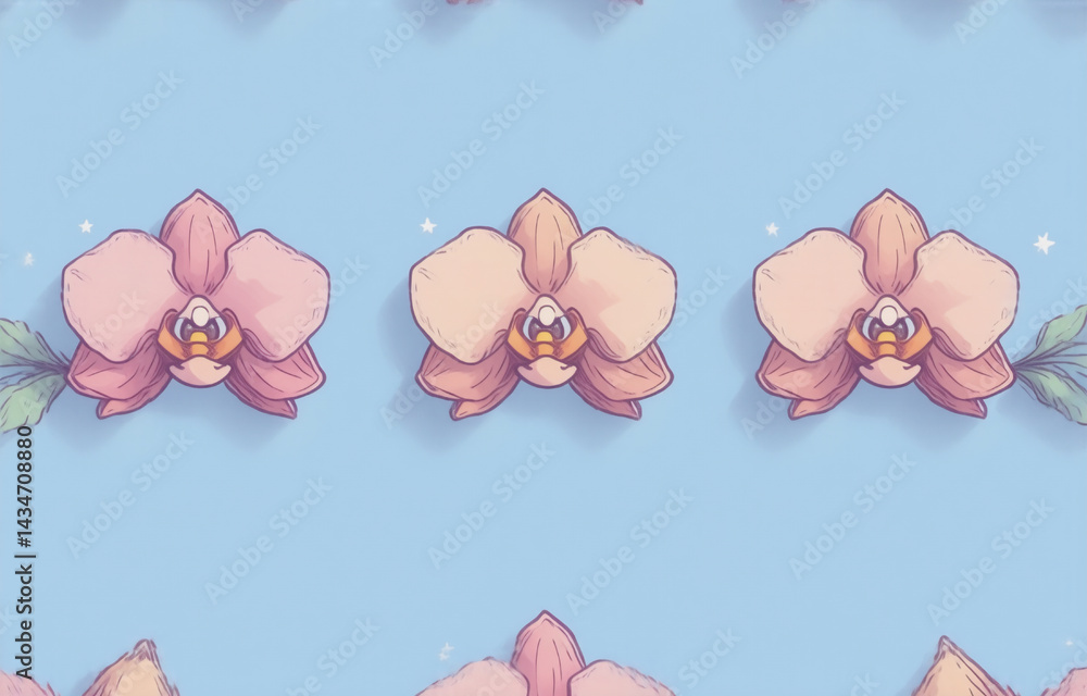 Poster pastel pink and peach orchids arranged in a repeating pattern on a light blue background. a subtle, 