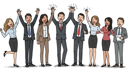 Obraz premium Triumphant Business Team: A Joyful, Celebratory Hand-Drawn Illustration
