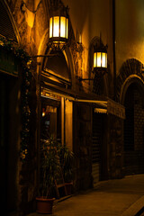 Cozy nighttime street scene with warm lighting and historical architecture.