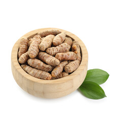 Tumeric rhizomes in bowl and leaves isolated on white