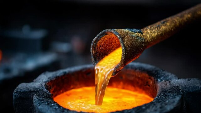 Molten metal pouring from crucible, casting process with liquid gold and heat, metallurgy industry