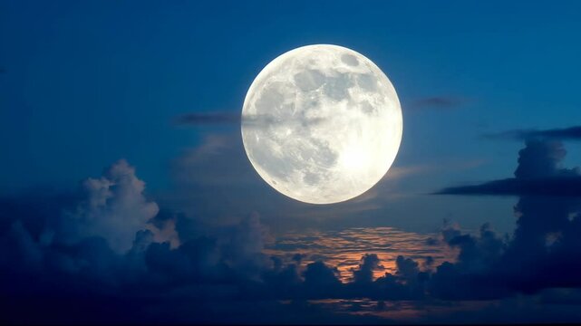 Bright full moon glowing in deep blue night sky with scattered clouds, celestial event with dramatic, atmospheric skyscape