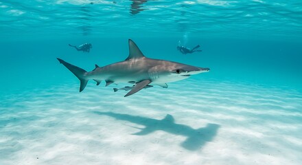 Obraz premium Hammerhead Shark Swimming Underwater with Divers