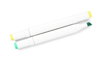 Double-sided marker pens on white background, top view