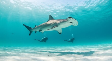Hammerhead Shark Underwater with Divers
