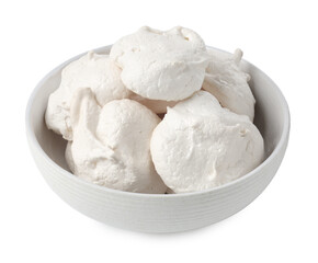Delicious homemade meringue cookies in bowl isolated on white