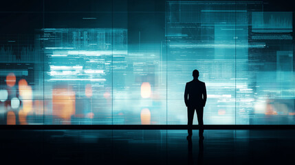 Fototapeta premium Businessman Silhouette Analyzing Digital Financial Data