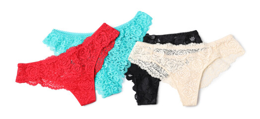 Beautiful lace panties isolated on white, top view