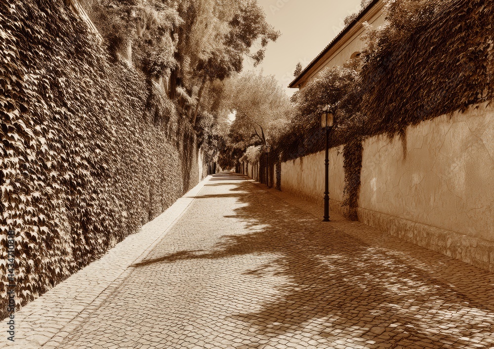 Poster serene old garden pathway lined with ivy in a quaint setting