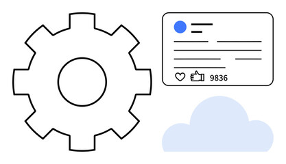 Gear icon for settings, social media interaction card with metrics, and cloud icon for storage. Ideal for technology, data management, digital marketing, social networking, cloud computing, system