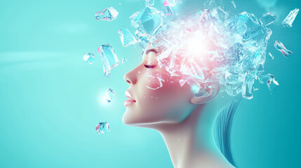 Woman with a creative mind made of ice. Colorful Abstract Portrait with Flowing Imagination