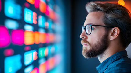 Fototapeta premium Focused Man Studying Brightly Lit Data Screen