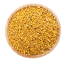 Aromatic mustard seeds in bowl isolated on white, top view