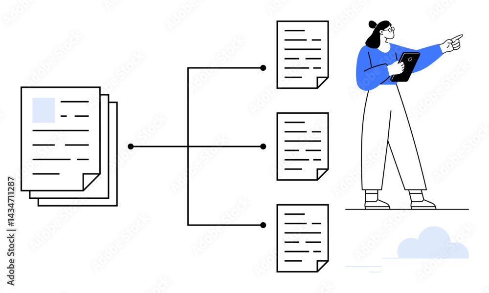 Poster person pointing and holding tablet with multiple documents connected via lines. ideal for productivi