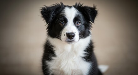 Fototapeta premium Black and white Border Collie puppy with amber eyes gazing directly at the camera
