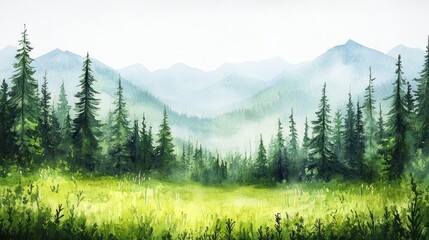 Fototapeta premium Misty mountain meadow, evergreen forest