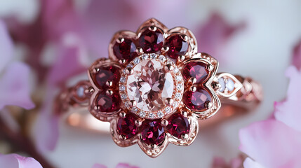 Fototapeta premium Morganite and ruby floral halo ring with rose gold filigree petal design. Petal Halo. Illustration