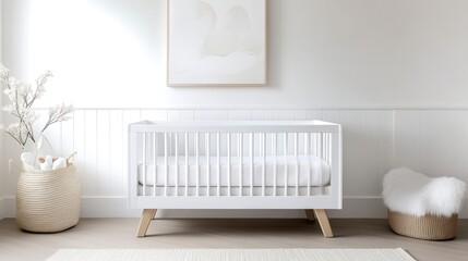 Modern white crib in neutral nursery