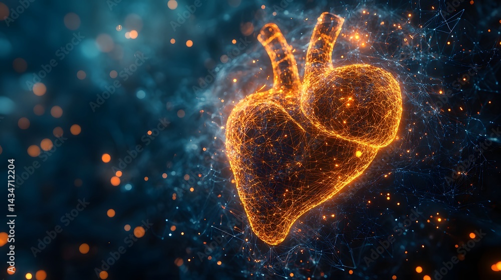 Poster a digital heart glows with interconnected orange lines against a deep blue backdrop, symbolizing lif