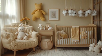 
Mockup of Cozy Neutral-Toned Nursery with Crib, Plush Toys, and Comfy Chair – Warm Interior Scene for Baby Room Design or Home Decor Presentation

