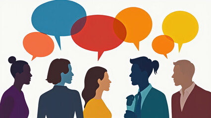 diverse group of people engaged conversation with colorful speech bubbles above them, showcasing communication and interaction