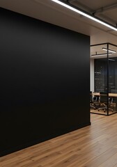 Modern black wall mockup in office with wooden floor and meeting room visible through glass wall on right side under ceiling lights at night. Generated AI