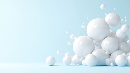 Abstract composition of floating white spheres on a light blue background