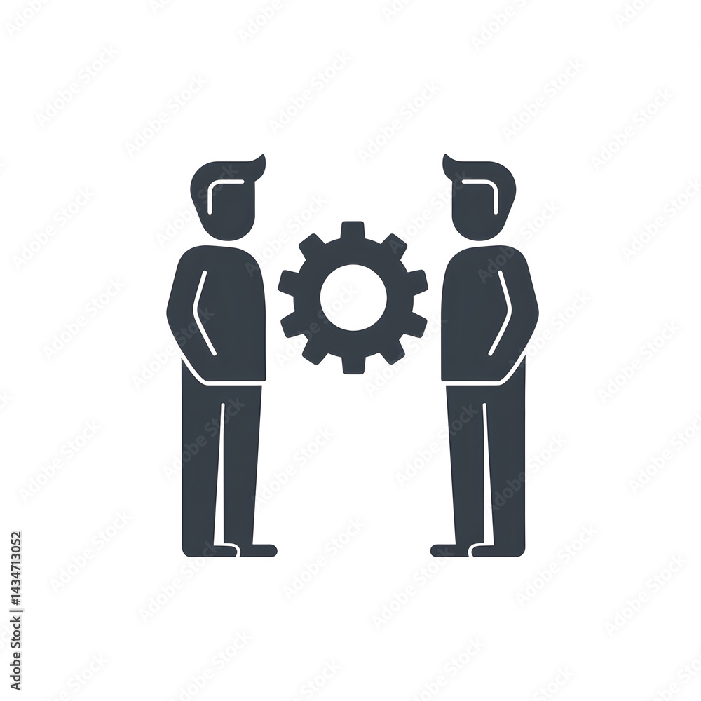 Poster minimalist of two human icons connected by a central gear representing collaborative problem solving