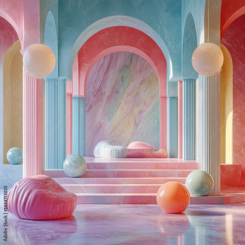Fototapete abstract pastel architecture with spheres in a modern renaissance style hall with marble textures an
