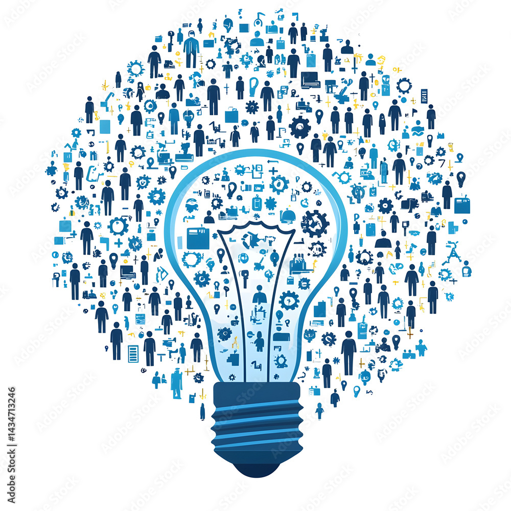 Poster a thoughtful visual metaphor depicting the power of collaborative ideas and technical teamwork to fu