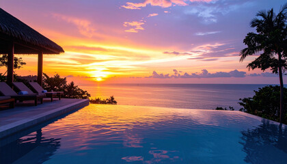 stunning sunset view over tranquil infinity pool, surrounded by lush greenery and tropical atmosphere