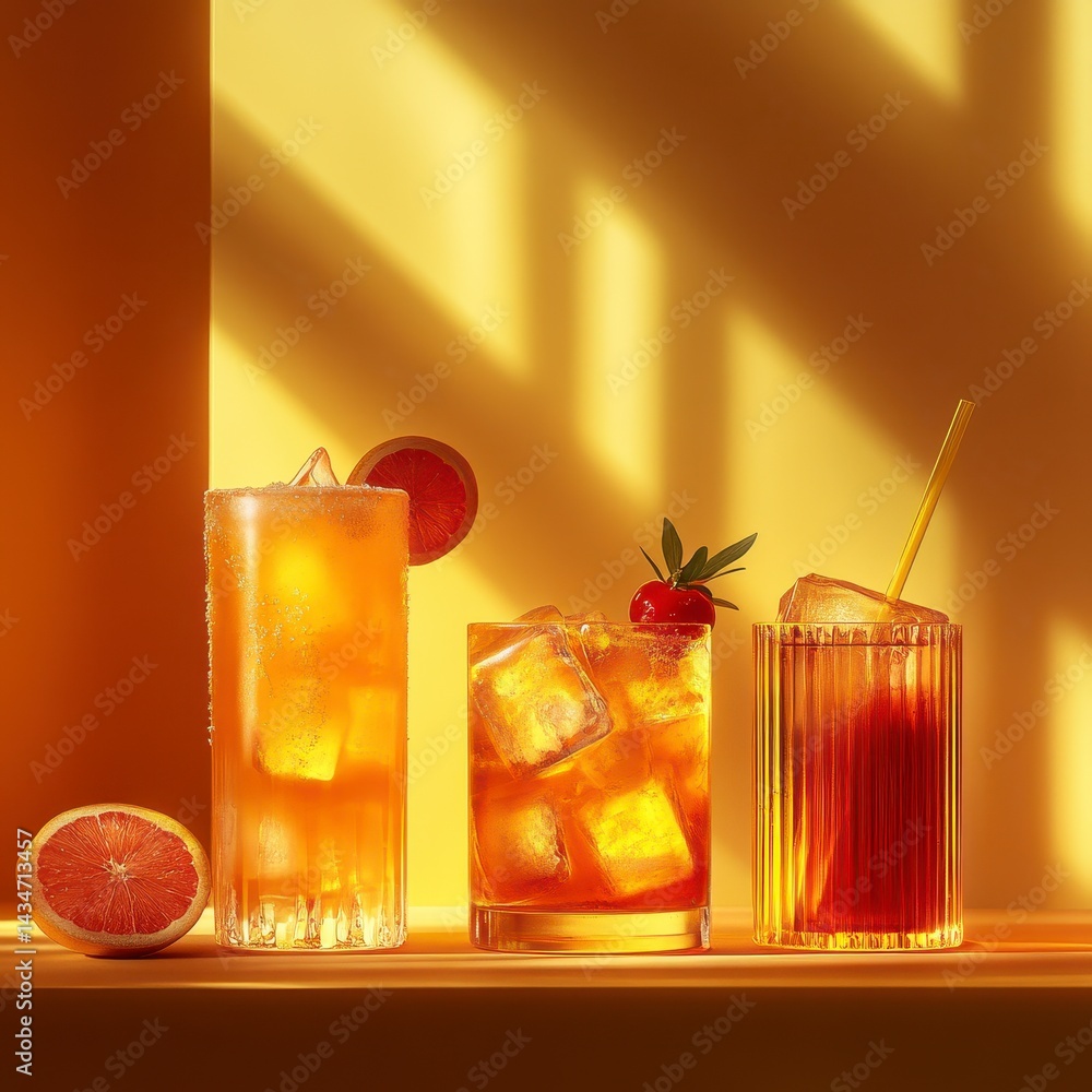 Poster assortment of refreshing cocktails with ice cubes and citrus garnish on a golden tabletop with soft 