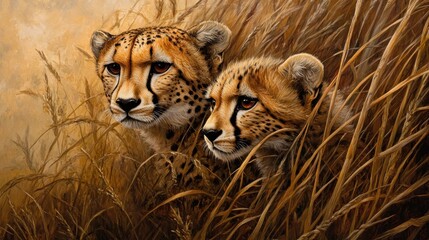 Obraz premium Cheetahs hiding tall grass savanna wildlife art