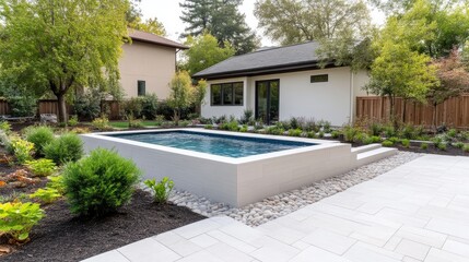 Modern backyard oasis with a sleek pool and landscaping.  A contemporary design featuring a low-profile, rectangular pool,  surrounded by meticulously landscaped gardens and patios.