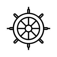 Obraz premium Minimalistic black line icon of a ship steering wheel, isolated on white background, vector illustration, nautical symbol for sailing and marine themes