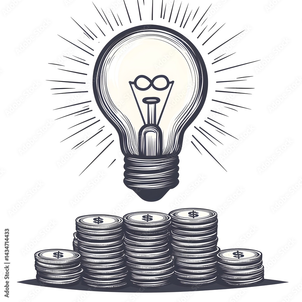 Poster a of a lightbulb icon representing innovation and above a stack of coins symbolizing the financial r
