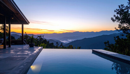 serene infinity pool overlooking breathtaking mountain landscape at sunset, creating tranquil atmosphere