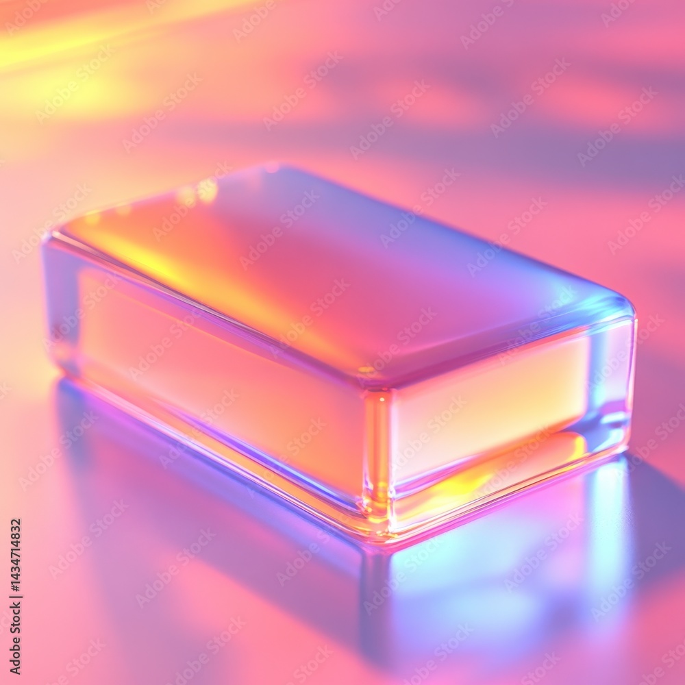 Poster iridescent glass cube with rainbow reflections on smooth surface in soft lighting