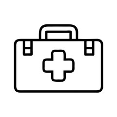 Obraz premium Minimalist black line icon of medical first aid kit with cross symbol and handle, isolated on white background, symbol of healthcare, emergency and safety