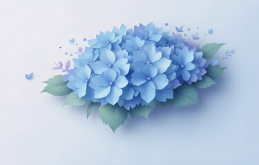A lovely bouquet of light blue hydrangeas, delicately rendered in a paper-like style, sits against a soft blue background, accented with small butterflies and leaves.  The image evokes a sense of sere